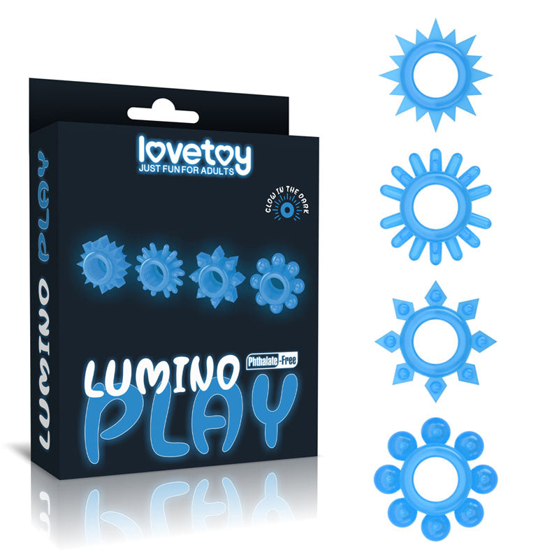 Lovetoy Lumino Play Penis Rings 4 Pc Pieces Blue