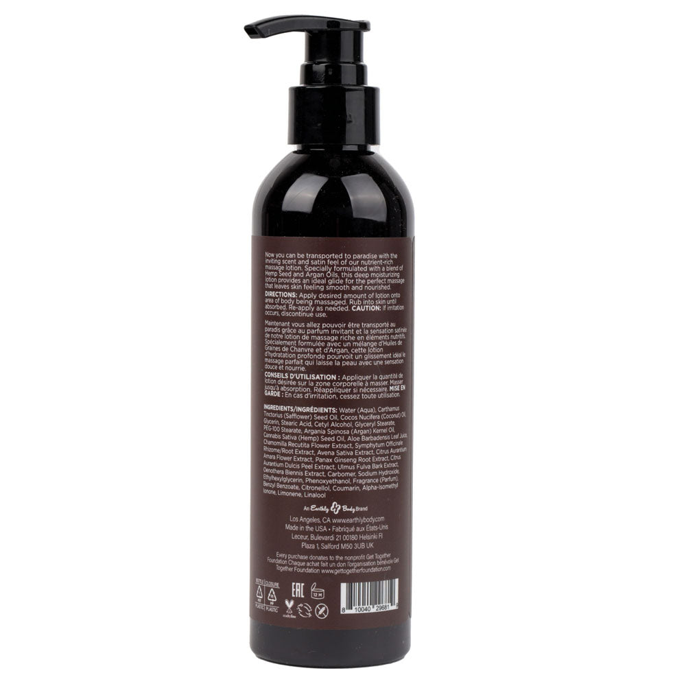 Earthly Body Hemp Seed Massage Lotion - Kashmir Musk (Brandy, Jasmine, Cedarwood Musk) 237ml