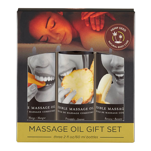 Earthly Body Edible Tropical Massage Oil Trio - Mango, Pineapple & Banana Flavoured - 3x60ml Bottles