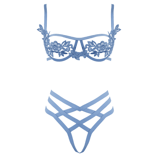 Muse Lingerie Bra With Floral Applique and Criss Cross G-String Blue PL013BLU - Size S/M/L/XL