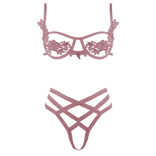 Muse Lingerie Bra With Floral Applique and Criss Cross G-String Pink PL013PNK - Size S/M/L/XL