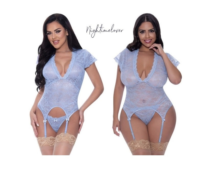 Magic Silk Exposed Lingerie Cap Sleeve Basque and Thong Set Blue Size S/M or L/XL or Q