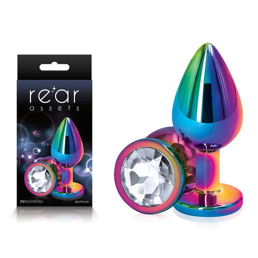 NS Novelties | Rear Assets Multi Coloured Medium Metal Butt Plug with Clear Gem Base