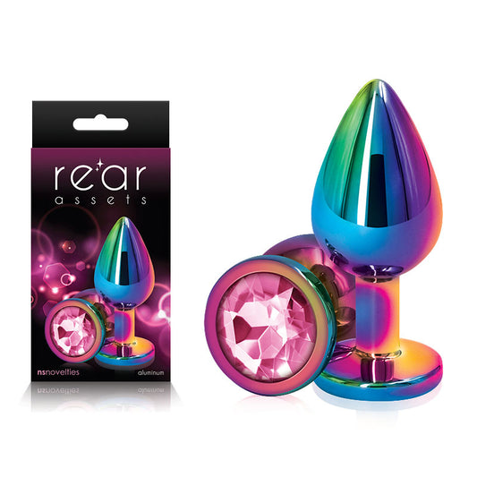 NS Novelties | Rear Assets Multi Coloured Medium Metal Butt Plug with Pink Gem Base