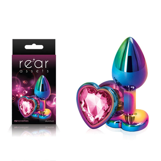 NS Novelties | Rear Assets Multi Coloured Small Metal Butt Plug with Pink Heart Gem Base