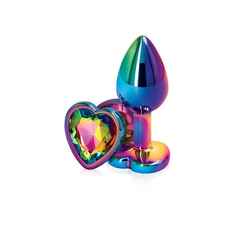 NS Novelties | Rear Assets Multi Coloured Small Metal Butt Plug with Rainbow Heart Gem Base