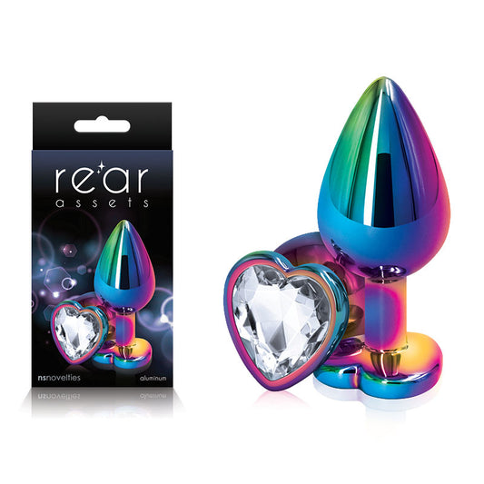 NS Novelties | Rear Assets Multi Coloured Medium Metal Butt Plug with Clear Heart Gem Base