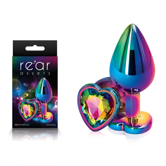 NS Novelties | Rear Assets Multi Coloured Medium Metal Butt Plug with Rainbow Heart Gem Base