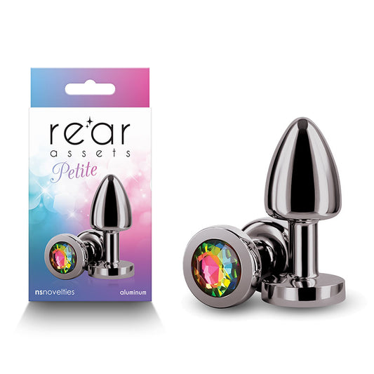 NS Novelties | Rear Assets Petite - Gunmetal 6cm Metal Butt Plug with Rainbow Round Gem Base