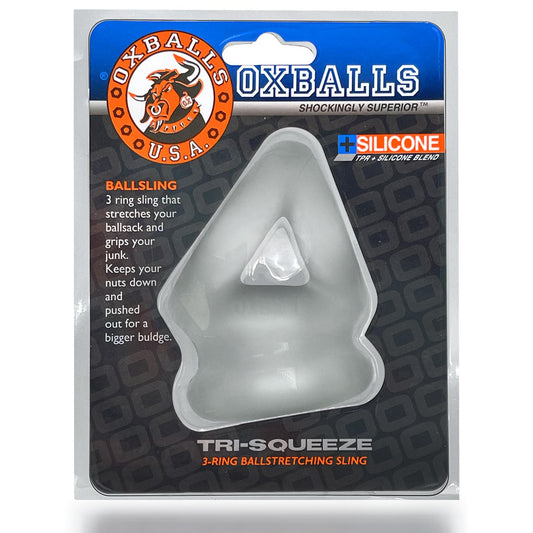 OxBalls TRI-SQUEEZE 3-ring cocksling w/ extended ballstretcher base CLEAR ICE