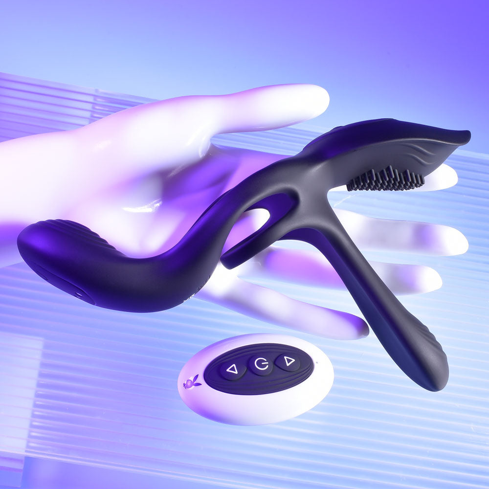 Playboy Pleasure The 3 Way Black USB Rechargeable Vibrating Cock Ring with Wireless Remote