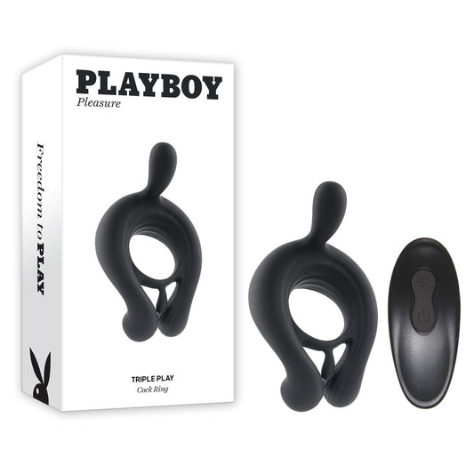 Playboy Pleasure TRIPLE PLAY Black USB Rechargeable Cock Ring w Wireless Remote