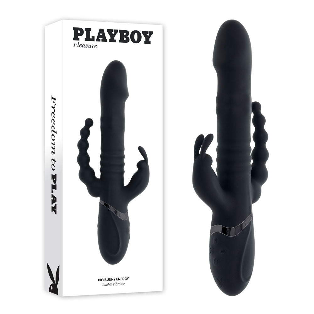 Playboy Pleasure BIG BUNNY ENERGY Black 26.2cm USB Rechargeable Rabbit Vibrator with Anal Beads