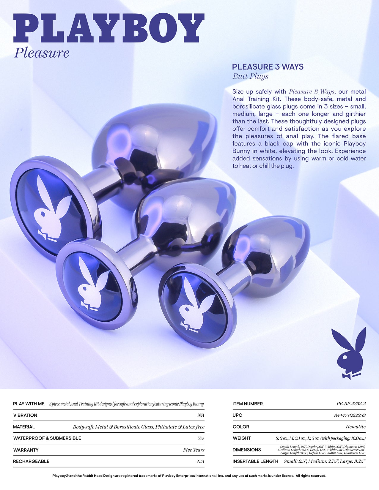 Playboy Pleasure PLEASURE 3 WAYS Metal Butt Plugs - Set of 3 Sizes