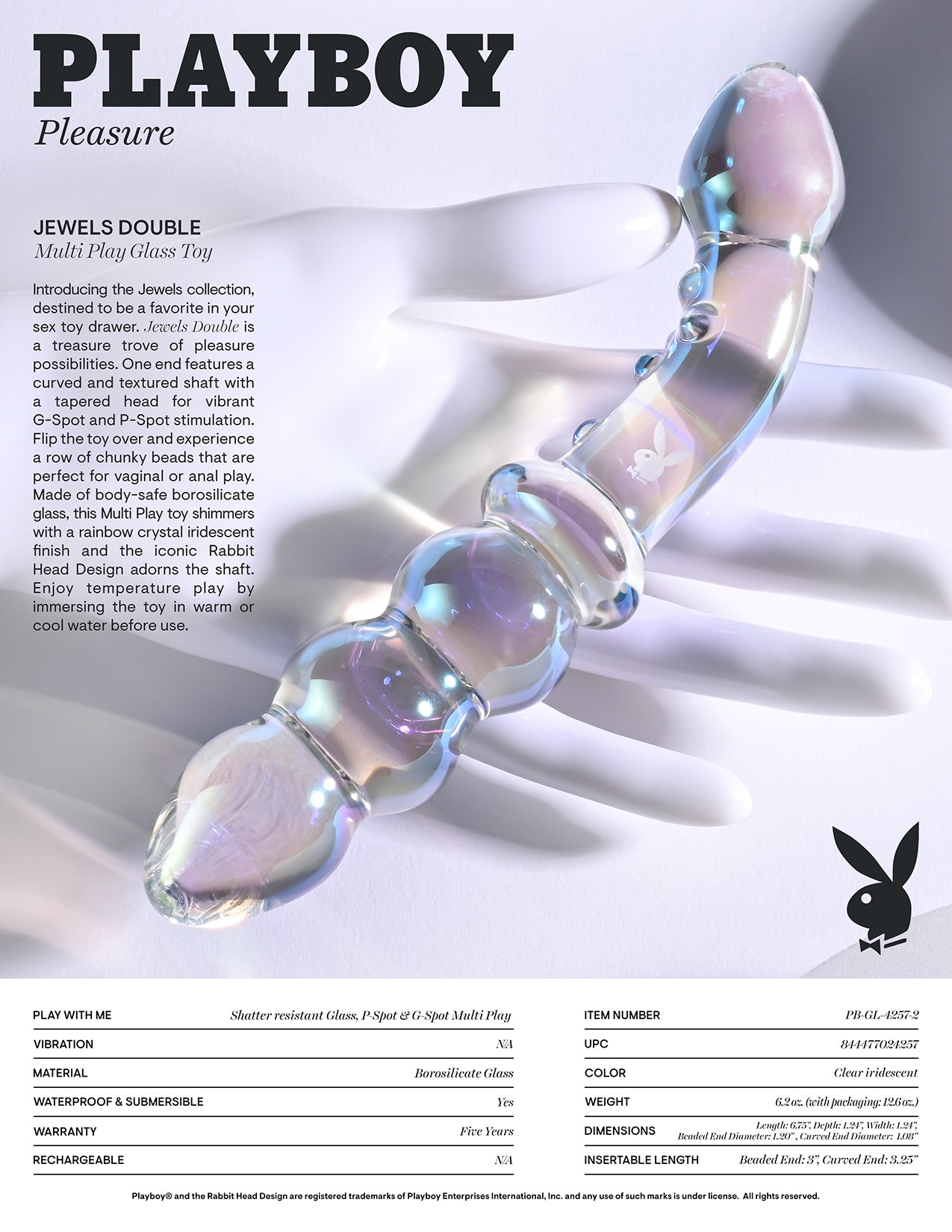 Playboy Pleasure JEWELS DOUBLE Clear Glass 17.1cm Double Ended Dildo