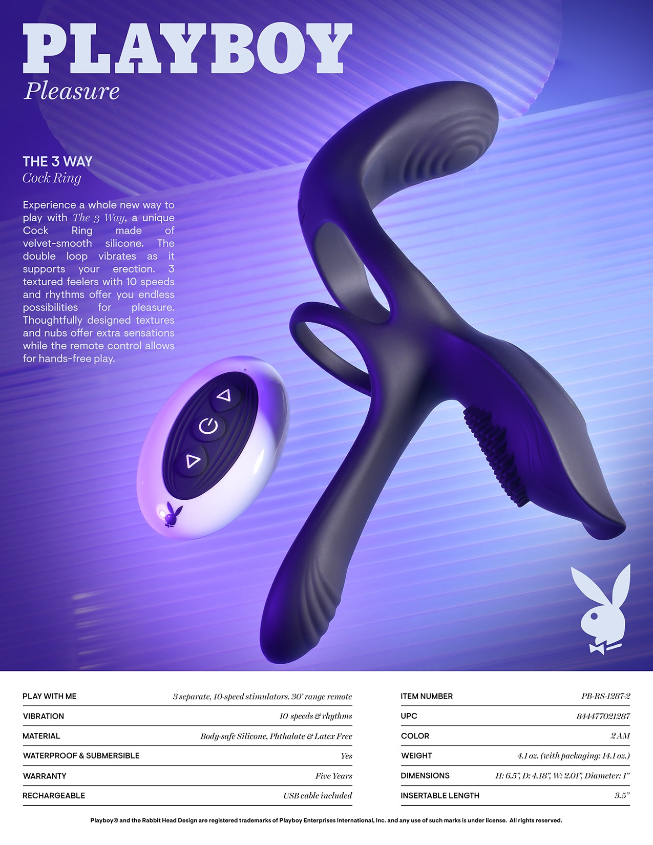 Playboy Pleasure The 3 Way Black USB Rechargeable Vibrating Cock Ring with Wireless Remote