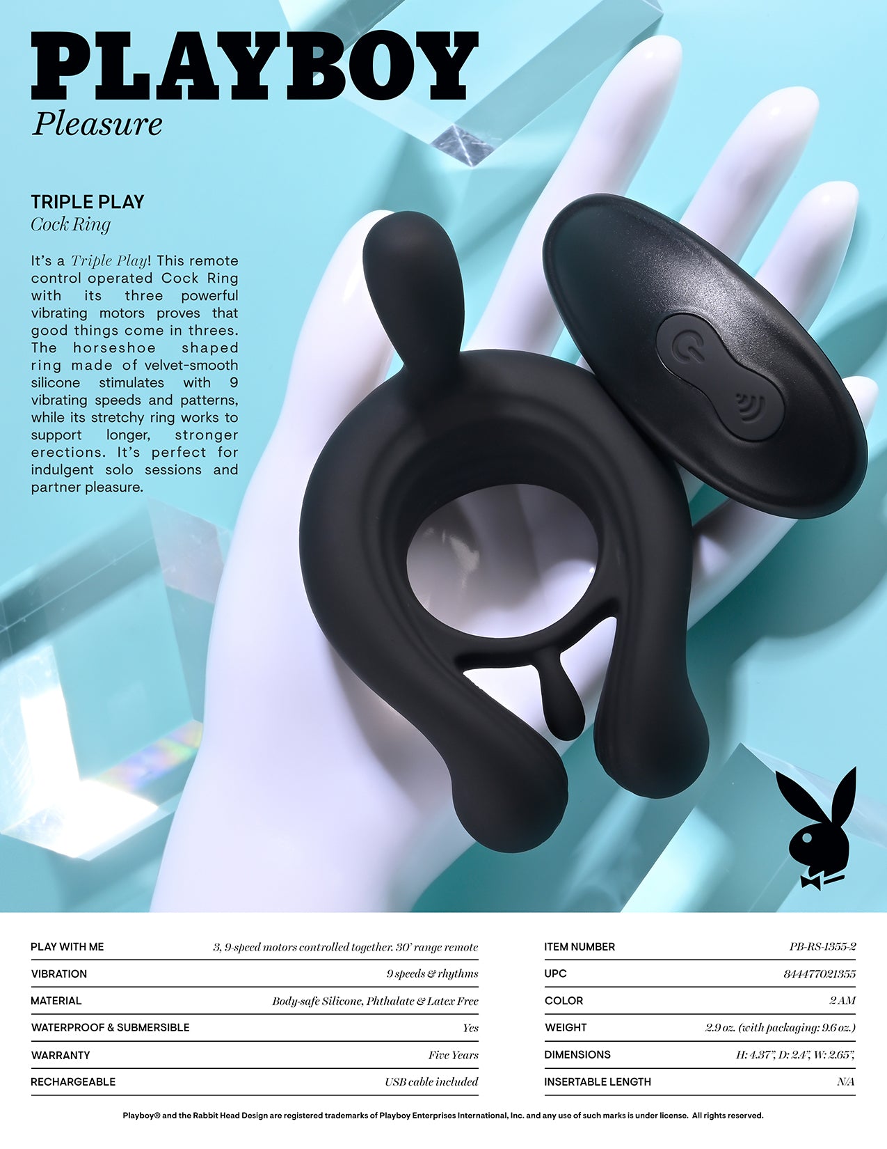 Playboy Pleasure TRIPLE PLAY Black USB Rechargeable Cock Ring w Wireless Remote