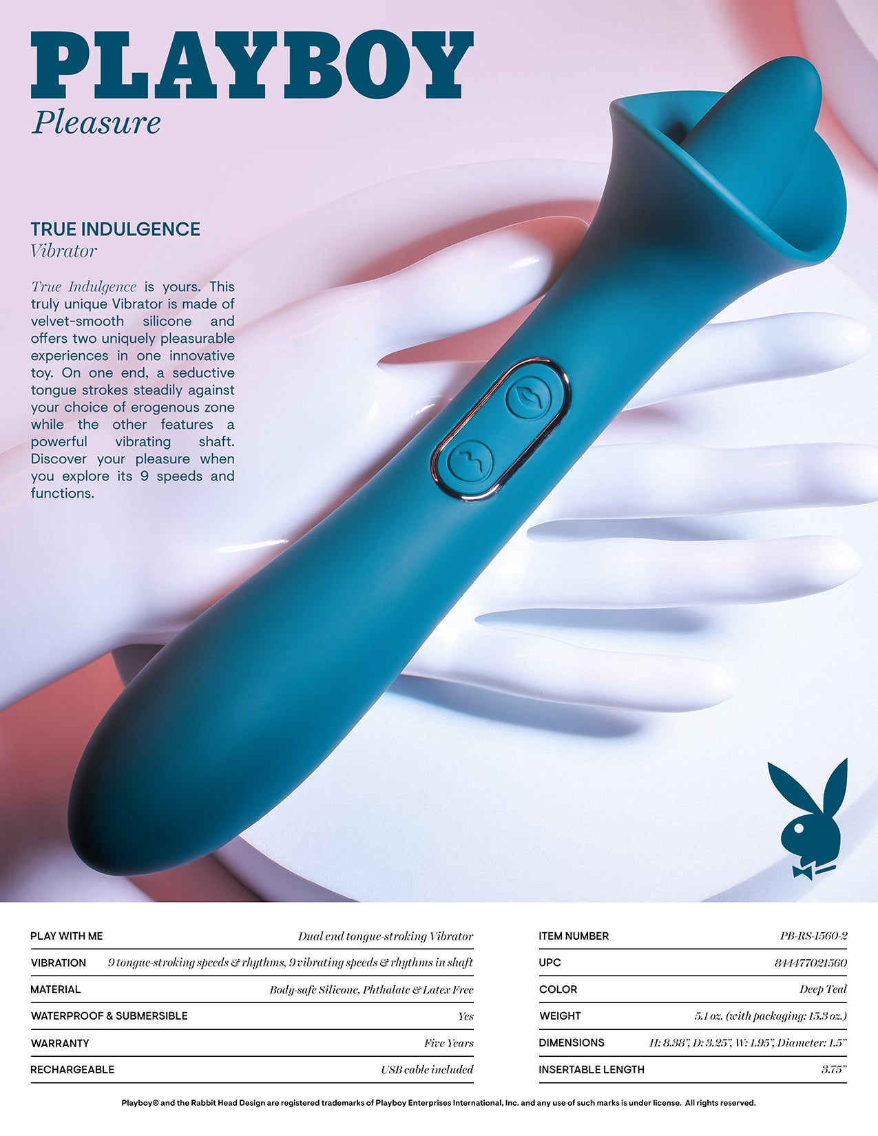 Playboy Pleasure TRUE INDULGENCE Teal 21.3cm Rechargeable Vibrator Flicking Tip