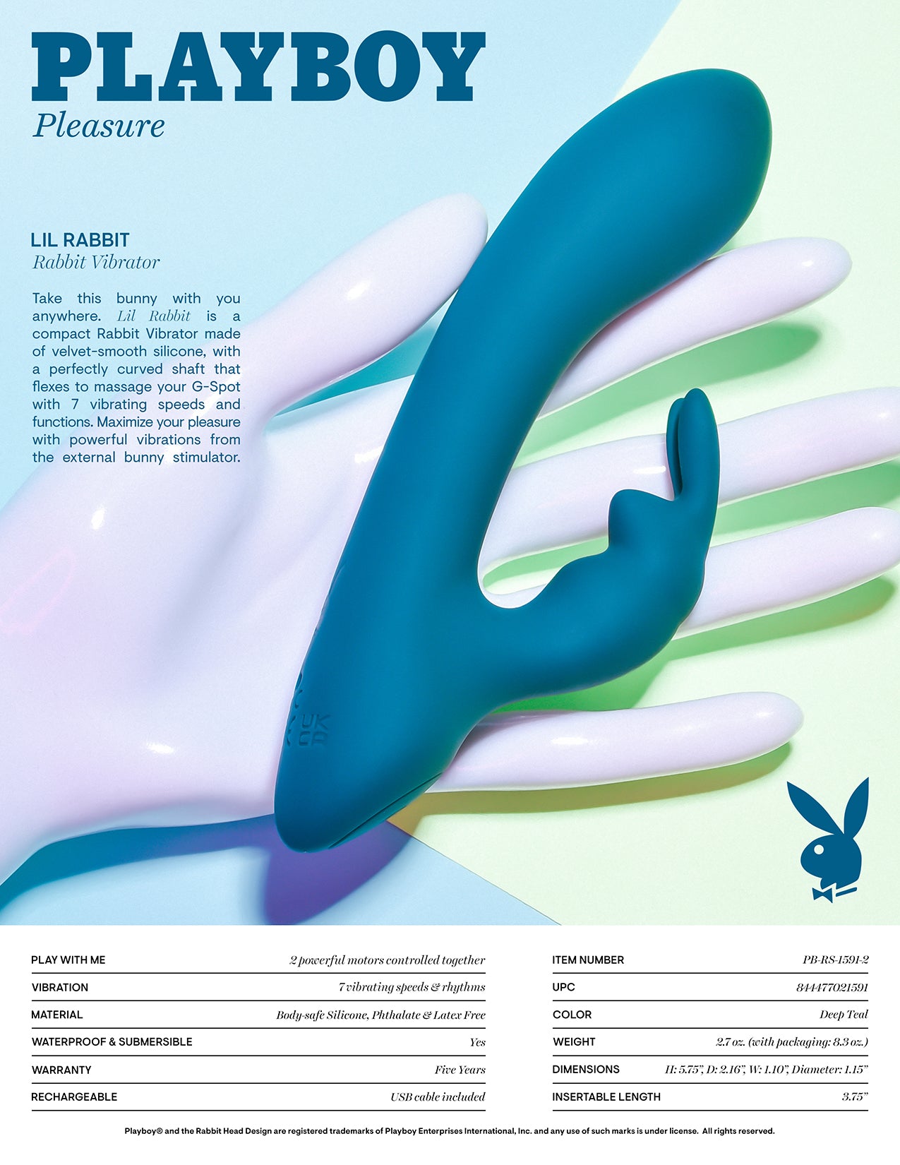 Playboy Pleasure LIL RABBIT Deep Teal 14.6cm USB Rechargeable Rabbit Vibrator