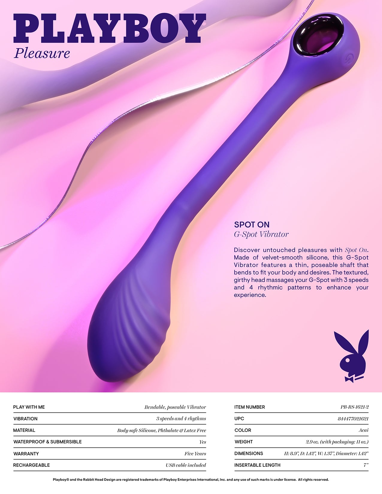 Playboy Pleasure SPOT ON Purple 22.6cm USB Rechargeable Poseable G-Spot Vibrator