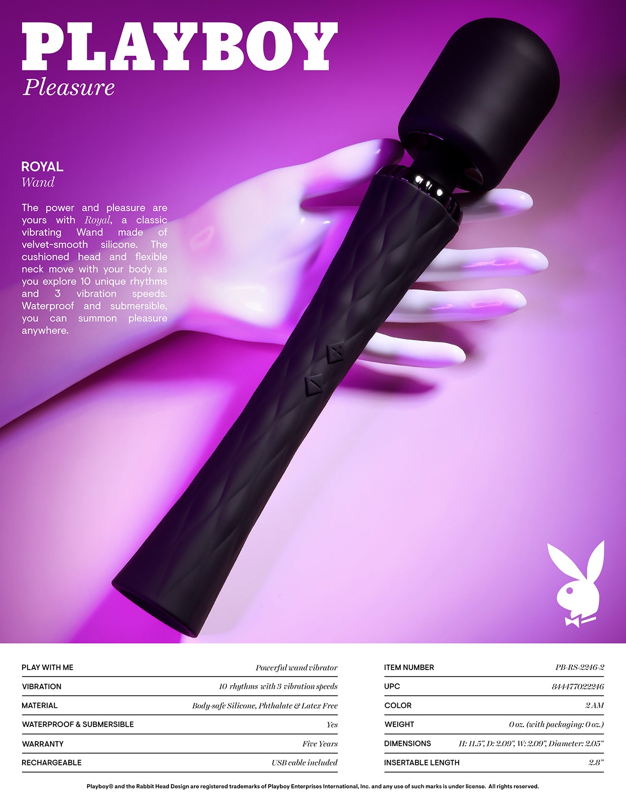 Playboy Pleasure ROYAL Black 29.2cm USB Rechargeable Massage Wand Vibrator