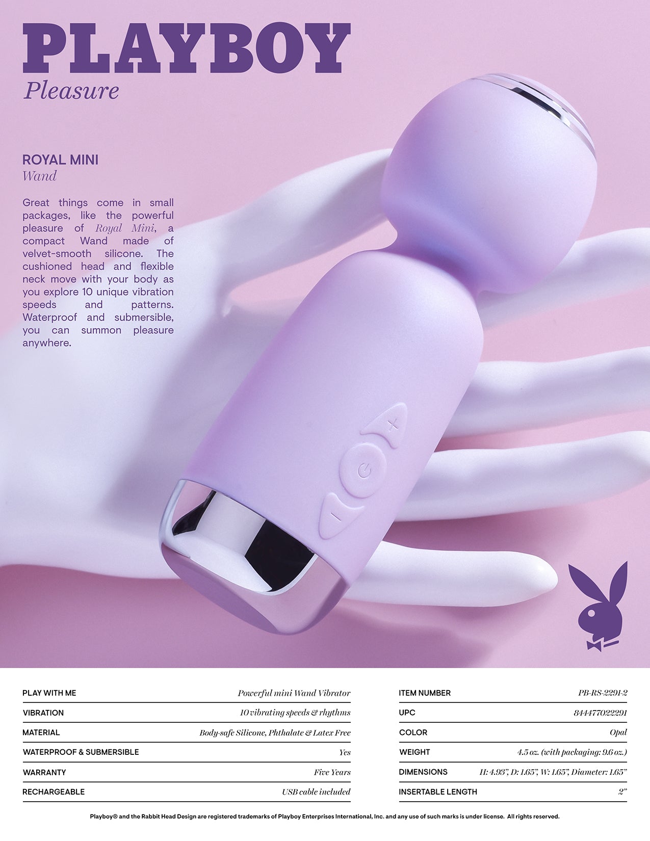 Playboy Pleasure ROYAL MINI Lilac 12.5cm USB Rechargeable Mini Wand Vibrator