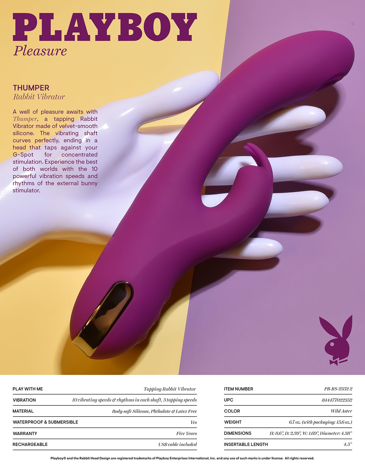 Playboy Pleasure THUMPER Purple 21.9cm USB Rechargeable Rabbit Vibrator