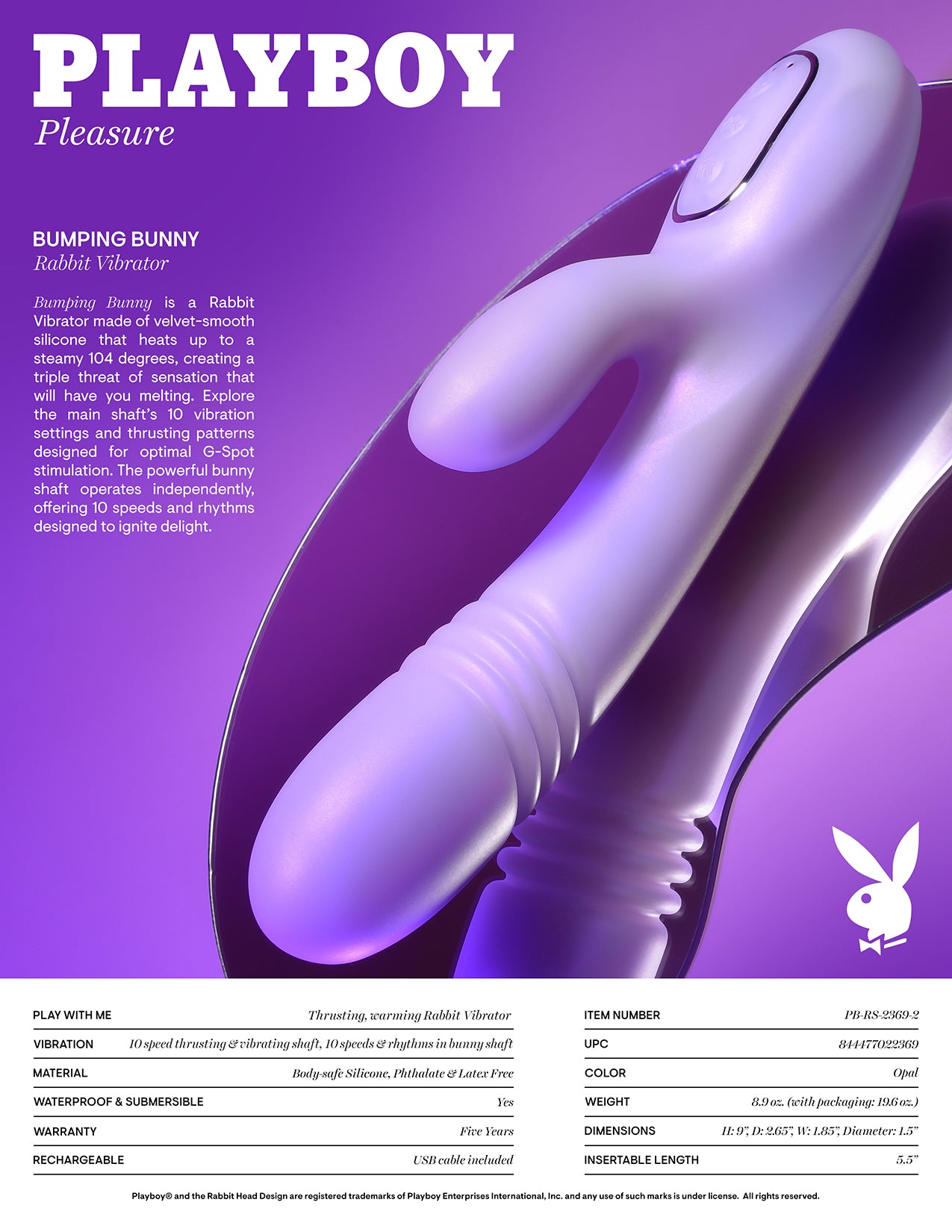 Playboy Pleasure BUMPING BUNNY Opal 22.9 cm USB Thrusting & Warming Vibrator