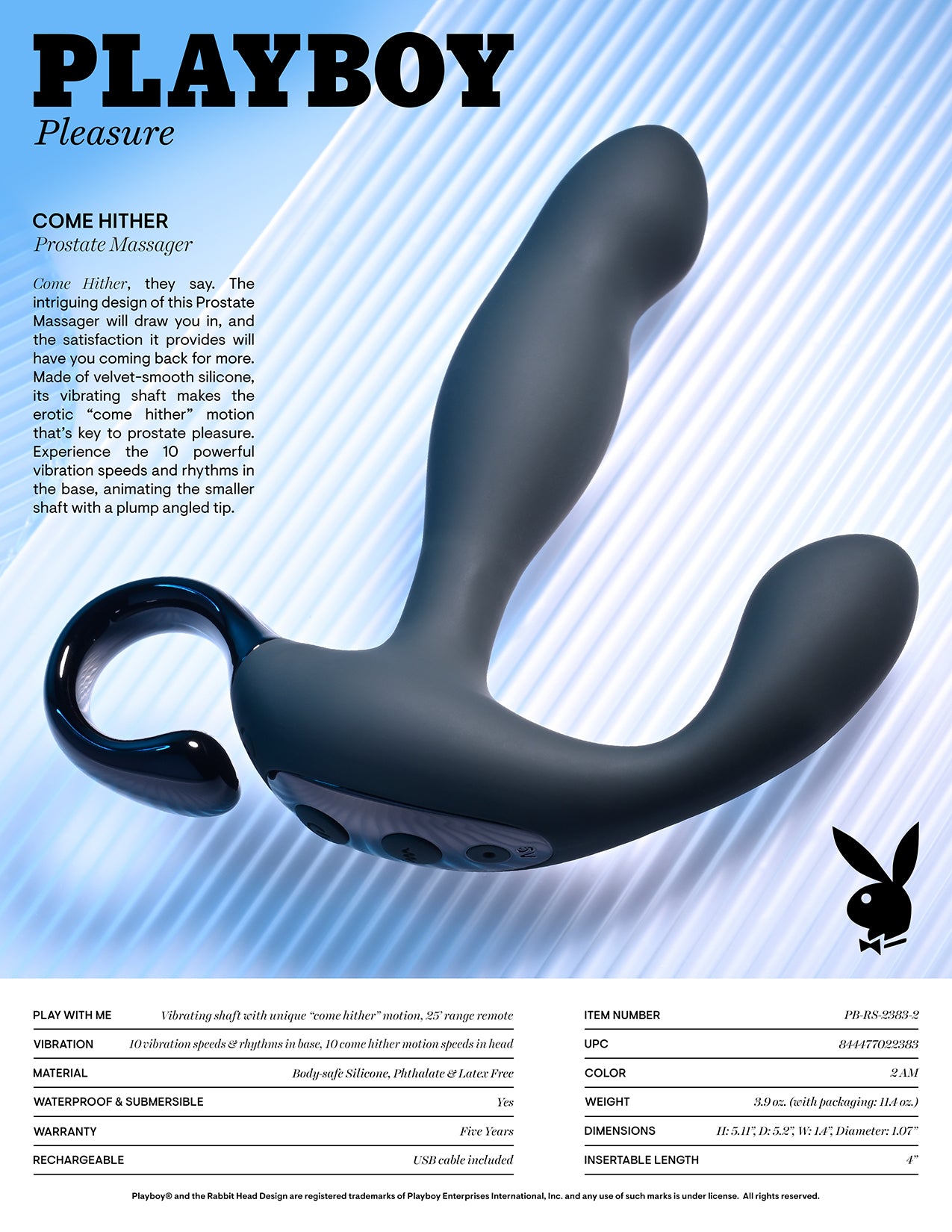 Playboy Pleasure COME HITHER Black 13.2cm Vibrating Prostate Massager w Remote