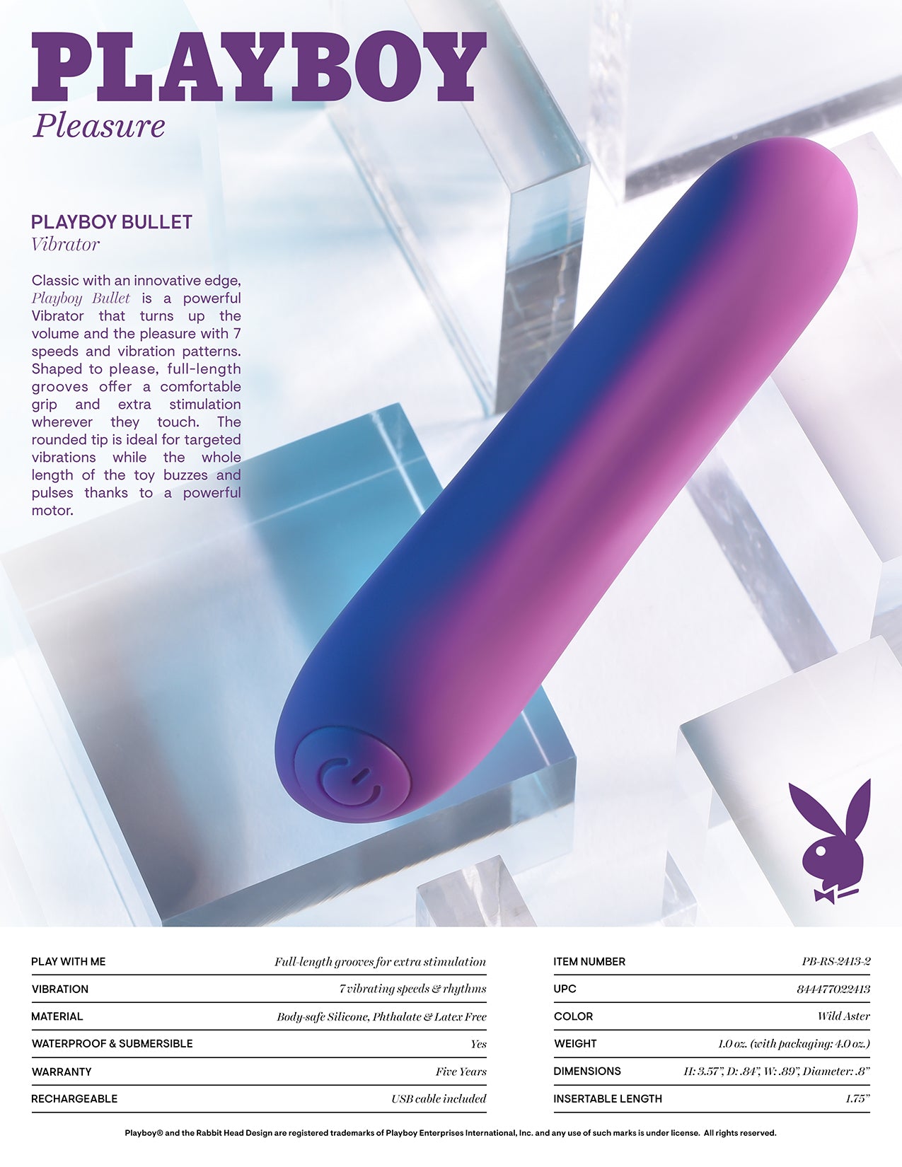 Playboy Pleasure PLAYBOY BULLET Purple 9cm USB Rechargeable Bullet Vibrator