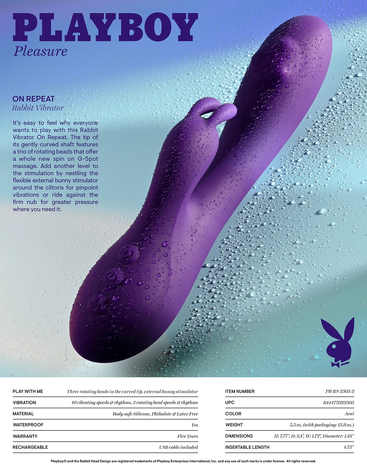 Playboy Pleasure ON REPEAT Purple 19.7cm USB Rechargeable Rabbit Vibrator