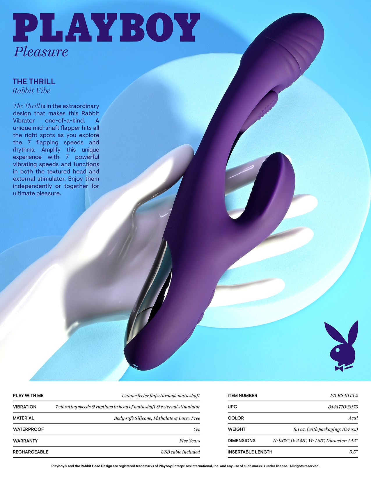 Playboy Pleasure THE THRILL Purple 24.4cm USB Rechargeable Rabbit Vibrator