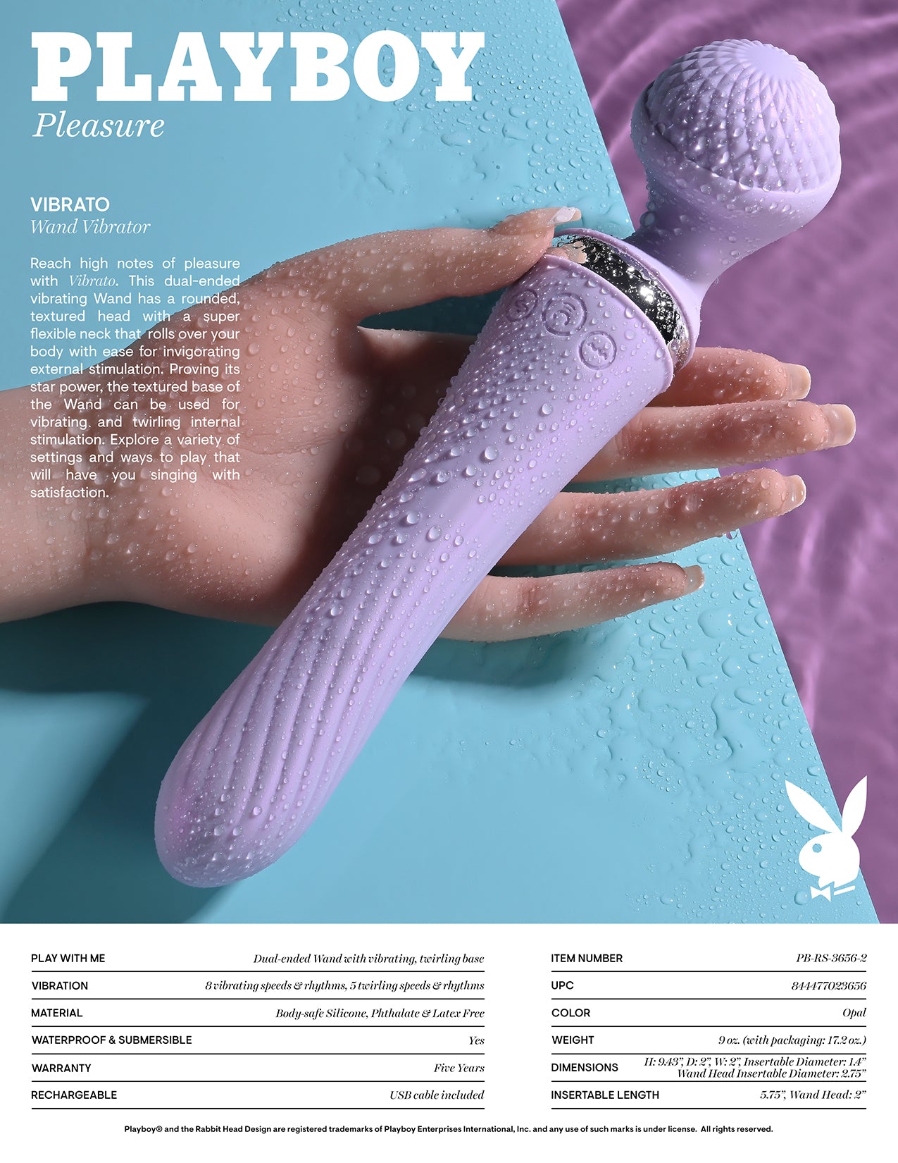 Playboy Pleasure VIBRATO Lavender 24cm USB Rechargeable Massage Wand Vibrator