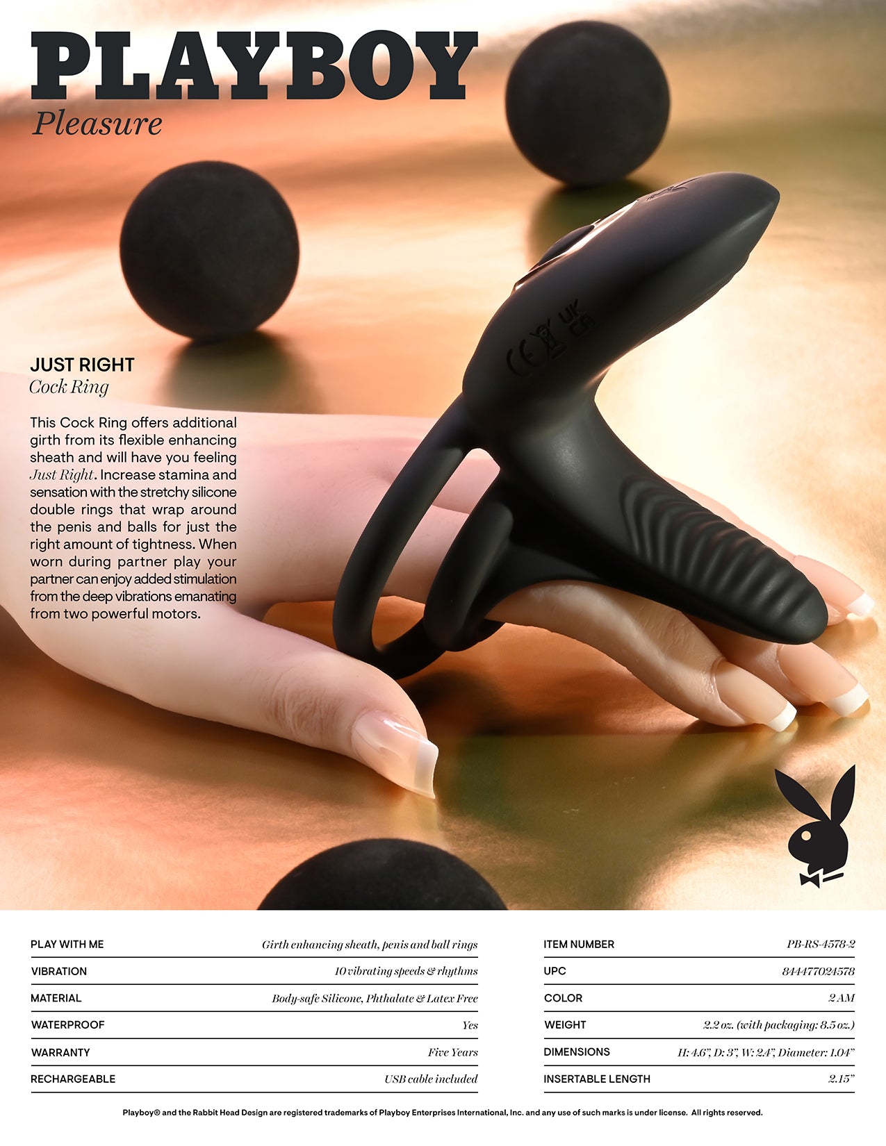 Playboy Pleasure JUST RIGHT Black USB Rechargeable Vibrating Cock & Balls Rings