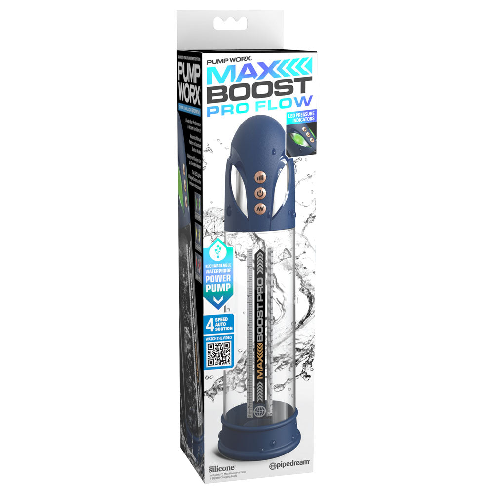 Pipedream Pump Worx Max Boost Pro Flow - Blue/Clear USB Rechargeable Waterproof Auto Penis Pump