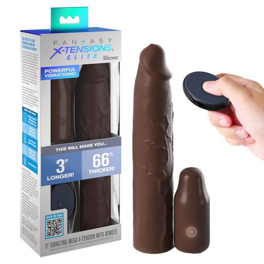 Pipedream | Fantasy X-Tensions Elite 3" Vibrating Mega X-tension with Remote - Brown 7.6cm USB Rechargeable Vibrating Penis Extender Sleeve