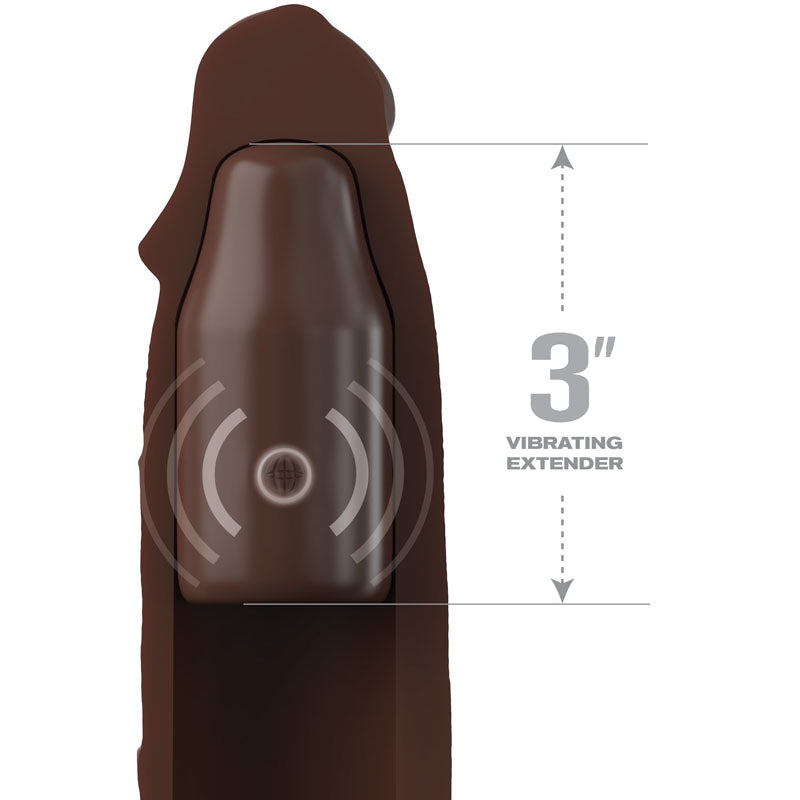 Pipedream | Fantasy X-Tensions Elite 3" Vibrating Mega X-tension with Remote - Brown 7.6cm USB Rechargeable Vibrating Penis Extender Sleeve