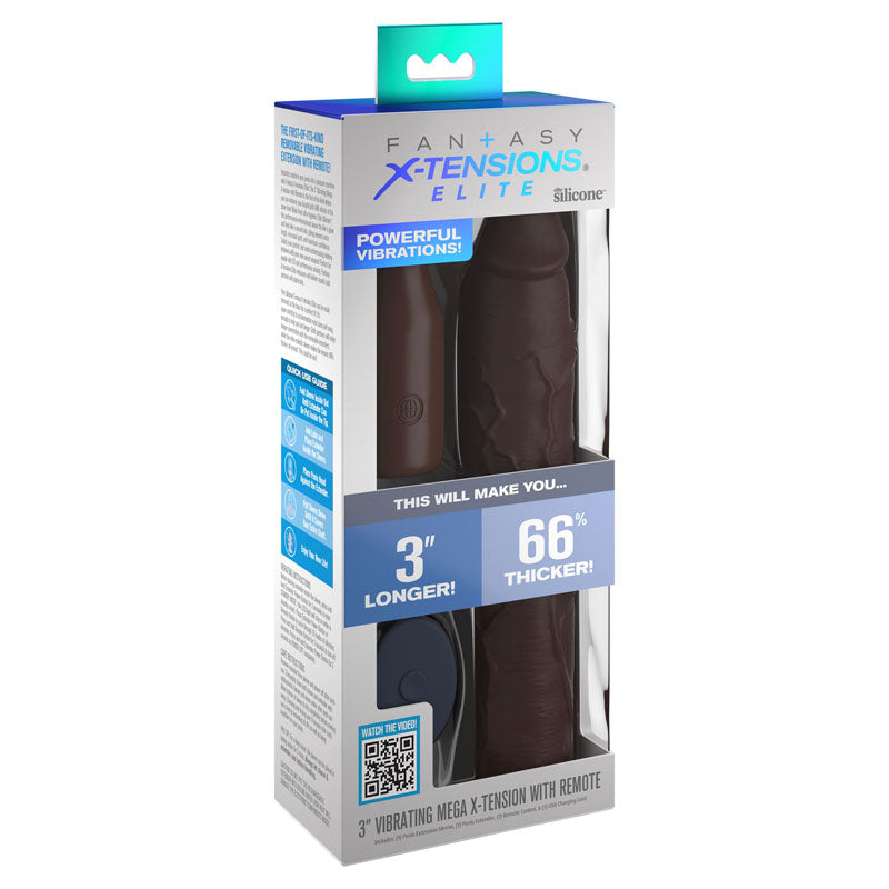 Pipedream | Fantasy X-Tensions Elite 3" Vibrating Mega X-tension with Remote - Brown 7.6cm USB Rechargeable Vibrating Penis Extender Sleeve