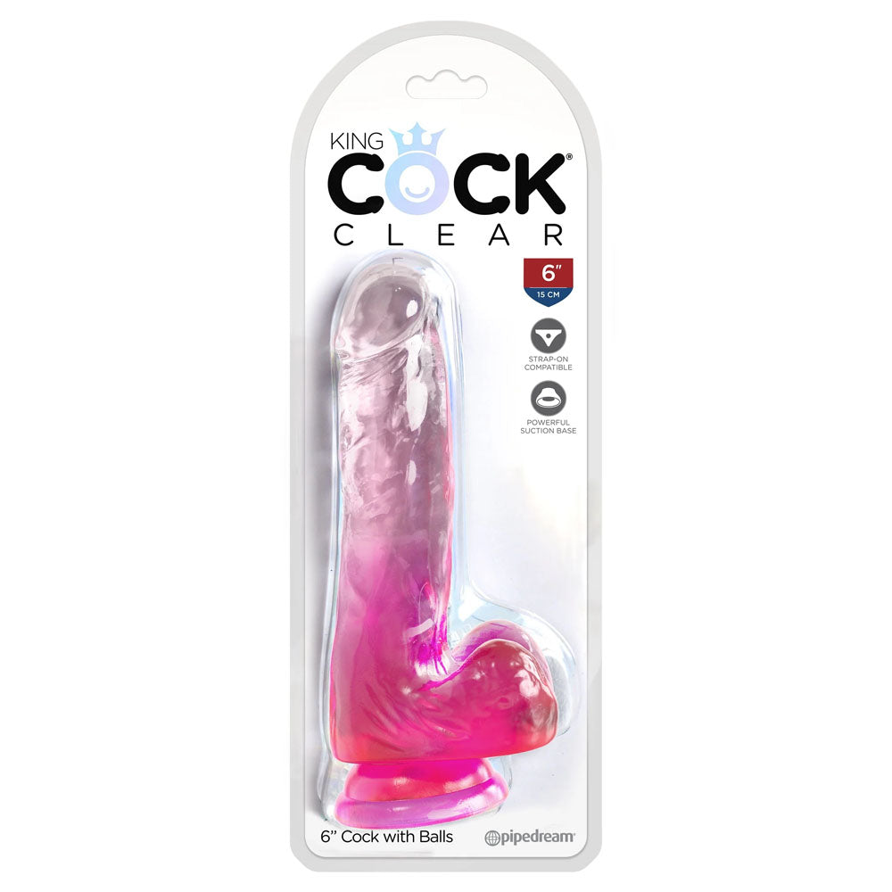 Pipedream King Cock Clear 6" Cock with Balls - Pink 15.2cm Dong Dildo