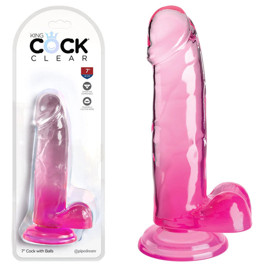 Pipedream King Cock Clear 7" Cock with Balls - Pink 17.8cm Dong Dildo