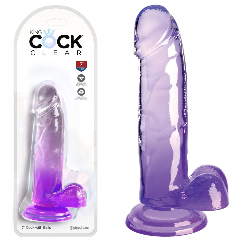 Pipedream King Cock Clear 7" Cock with Balls - Purple 17.8cm Dong Dildo