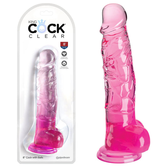 Pipedream King Cock Clear 8" Cock with Balls - Pink 20.3cm Dong Dildo