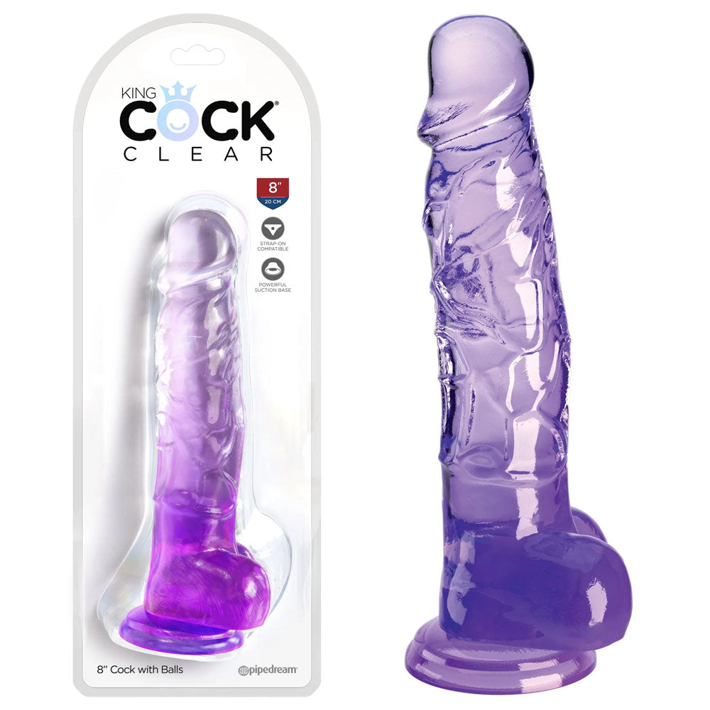 Pipedream King Cock Clear 8" Cock with Balls - Purple 20.3cm Dong Dildo