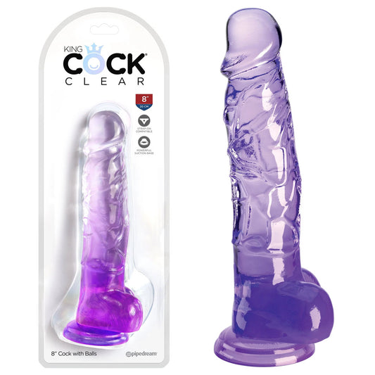 Pipedream King Cock Clear 8" Cock with Balls - Purple 20.3cm Dong Dildo