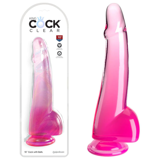 Pipedream King Cock Clear 10" Cock with Balls - Pink 25cm Dong Dildo