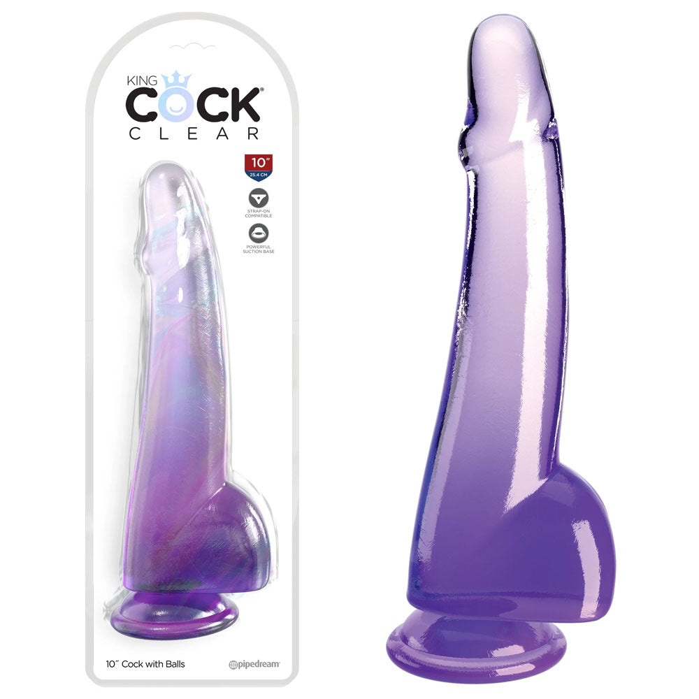 Pipedream King Cock Clear 10" Cock with Balls - Purple 25cm Dong Dildo