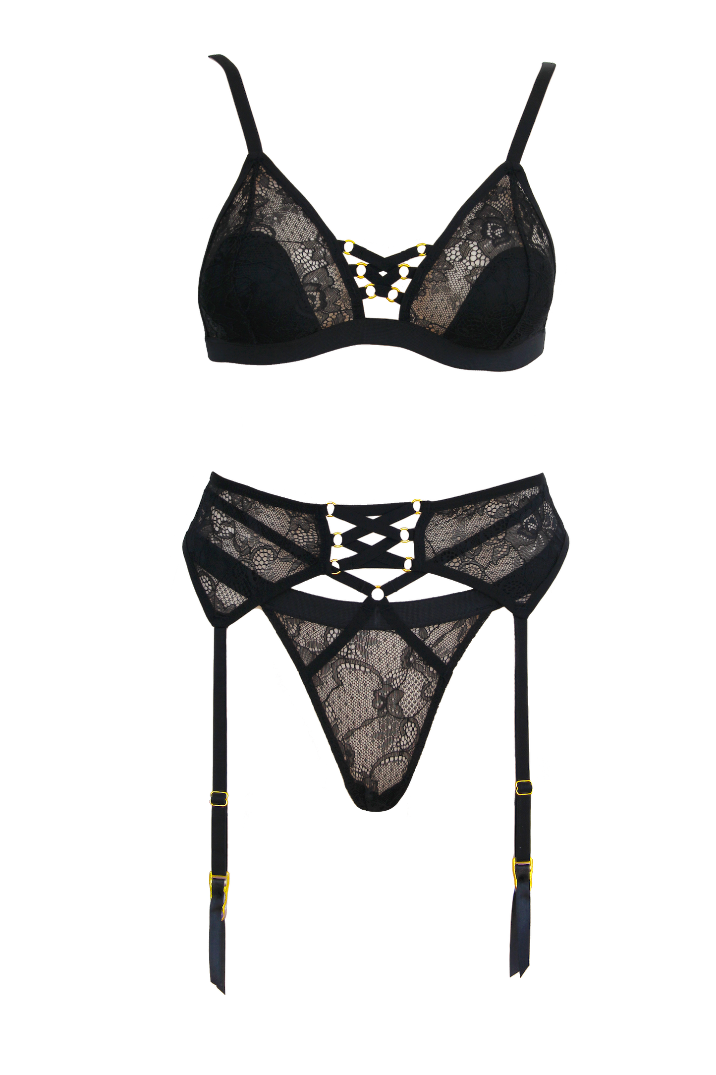 Muse Lingerie Triangle Bralette, G-String and Garter Belt Size S/M/L/XL