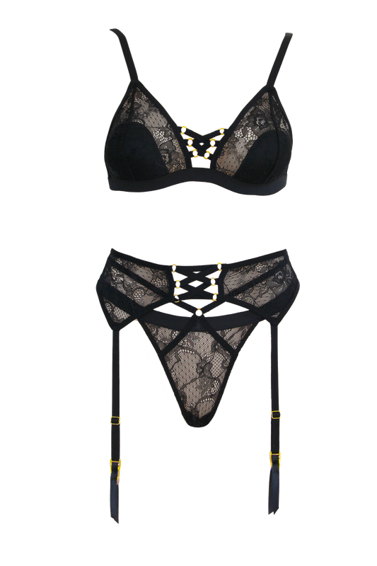 Muse Lingerie Triangle Bralette, G-String and Garter Belt Size S/M/L/XL