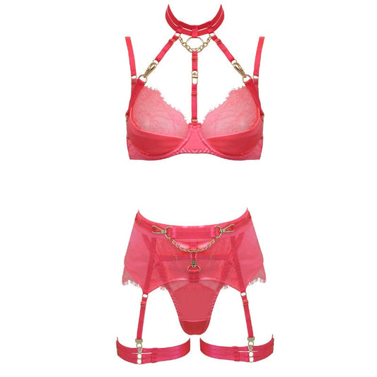 Muse Lingerie 5 Piece Set Harness Bra, G-String, Garter Belt, 2x Thigh Bands Pink PL025PNK - Size S/M/L/XL