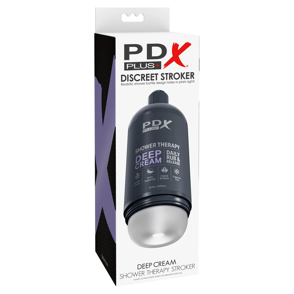 PDX Plus Shower Therapy - Deep Cream - Frosted - Clear Discreet Stroker with Suction Base